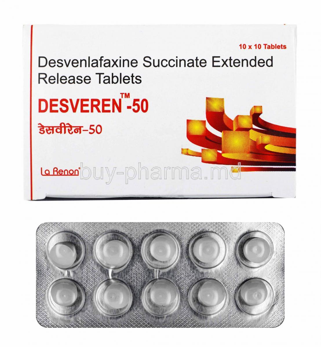 Desveren, Desvenlafaxine 50mg box and tablets