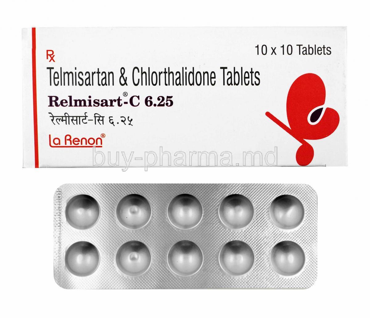 Relmisart-C, Telmisartan and Chlorthalidone 6.25mg box and tablets