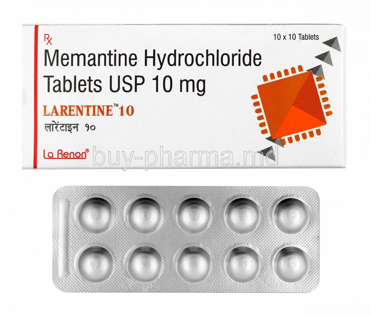 Larentine, Memantine 10mg box and tablets