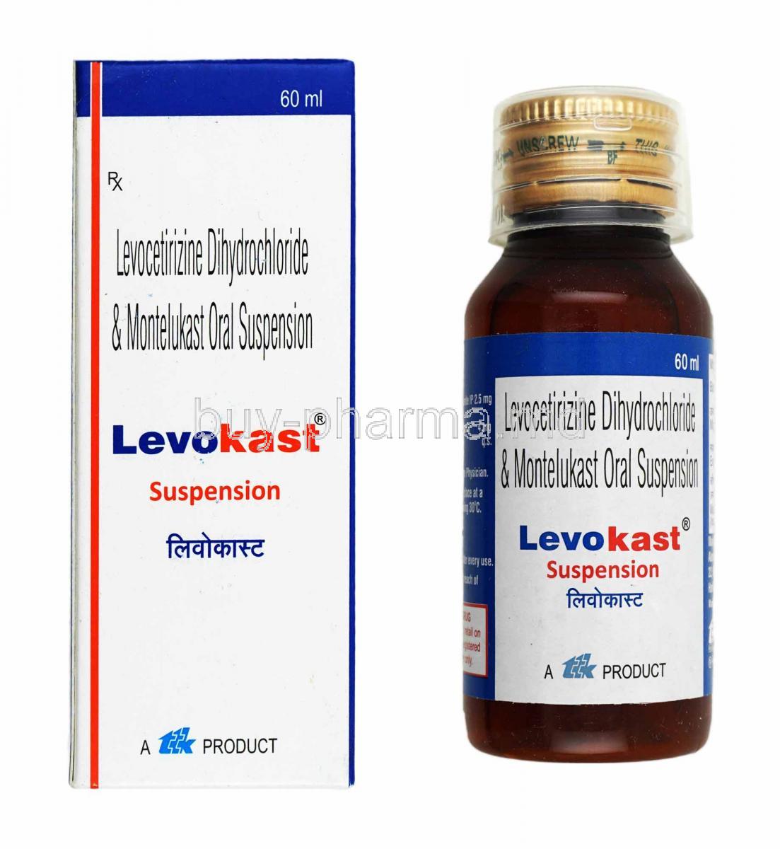 Levokast Oral Suspension, Levocetirizine and Montelukast box and bottle