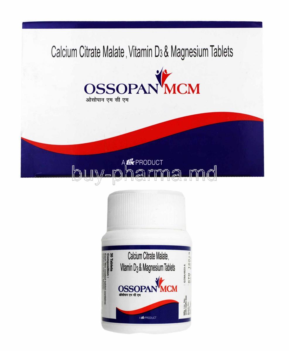 Ossopan MCM, Calcium, Magnesium and Vitamin D3 box and tablets