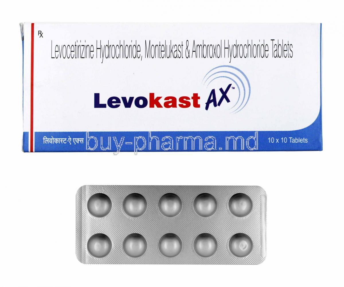 Levokast AX, Ambroxol, Levocetirizine and Montelukast box and tablets
