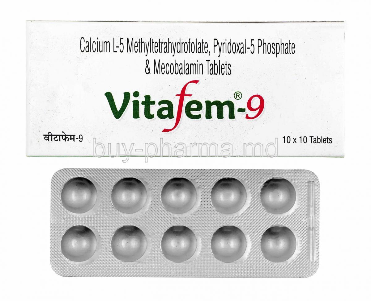 Vitafem 9, Calcium, Pyridoxal-5-Phosphate and Mecobalamin box and tablets