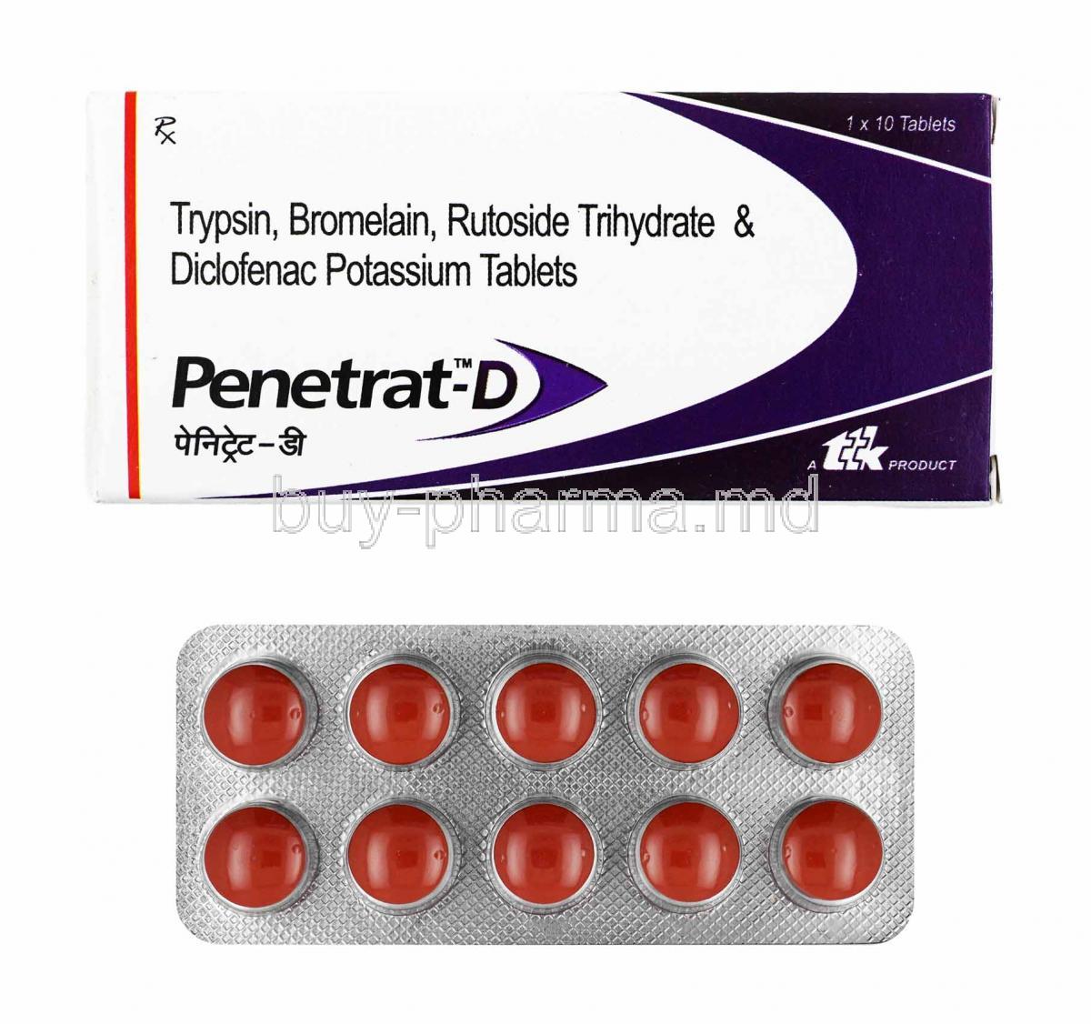 Penetrat-D, Trypsin, Bromelain, Rutoside and Diclofenac box and tablets