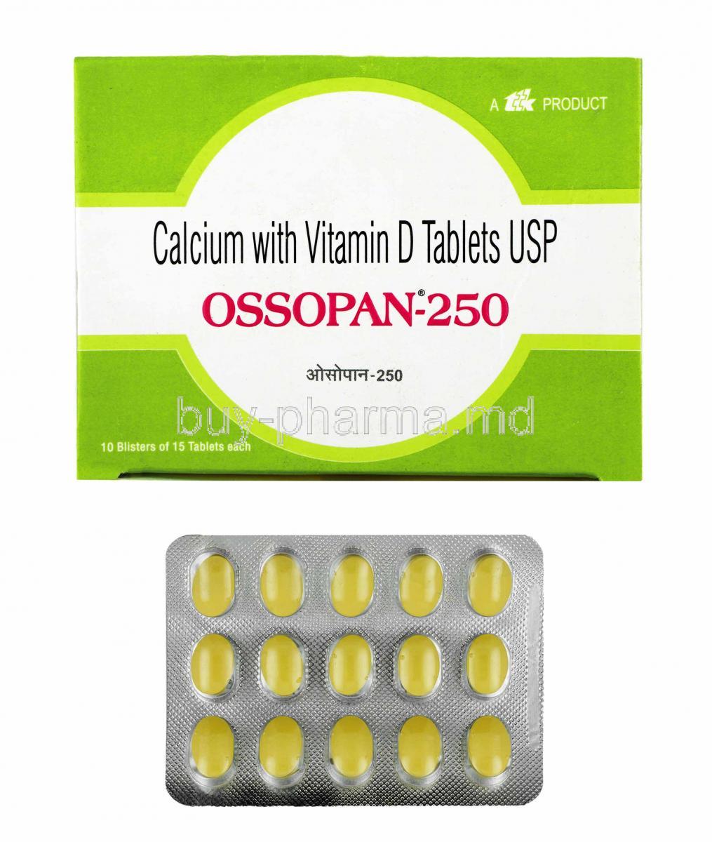 Ossopan, Calcium Carbonate and Vitamin D3 box and tablets