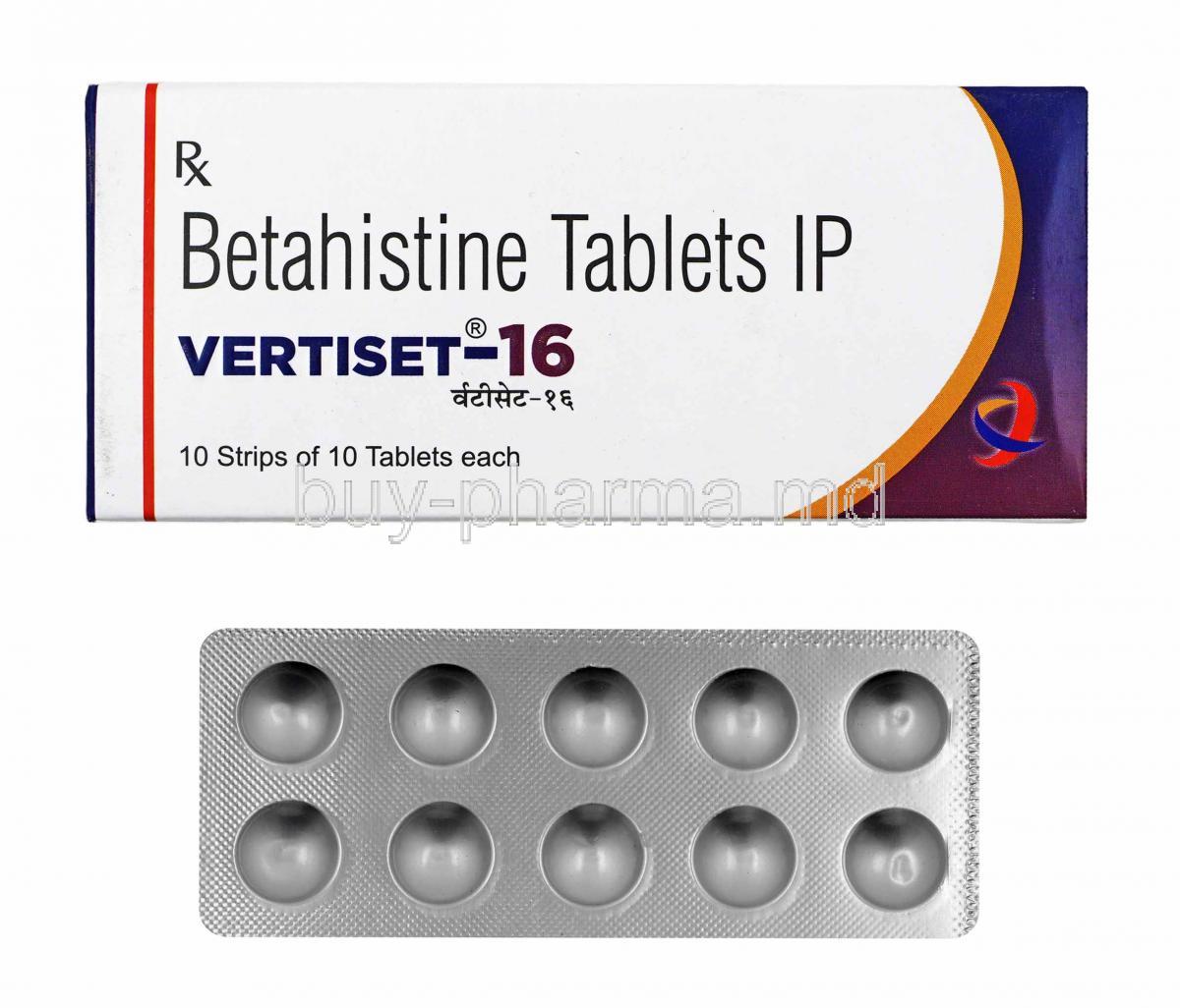 Vertiset, Betahistine 16mg box and tablets