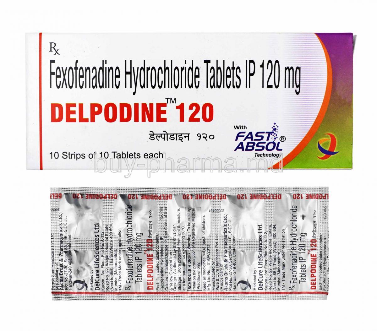 Delpodine, Fexofenadine 120mg box and tablets