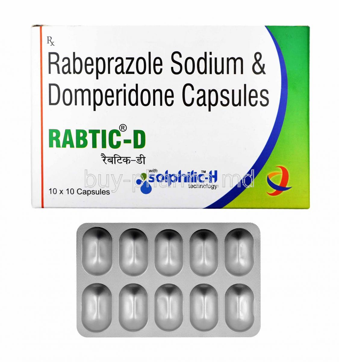 Rabtic-D, Domperidone and Rabeprazole box and capsules