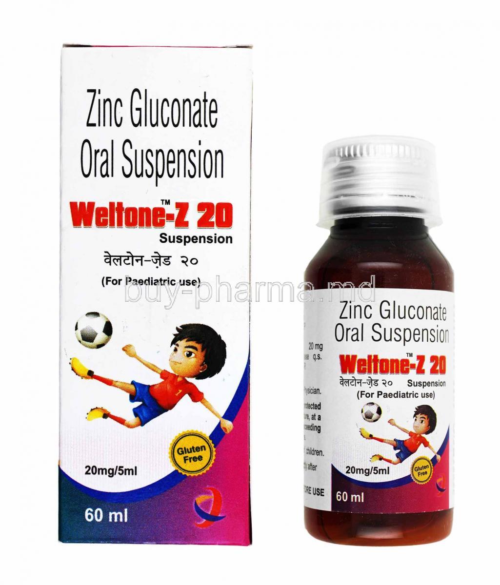 Weltone-Z Oral Suspension, Zinc Gluconate box and bottle