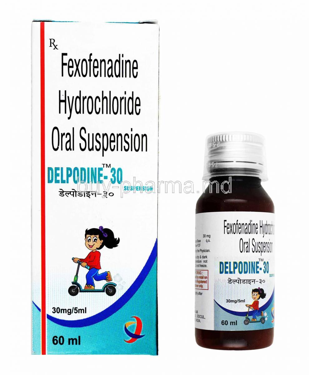 Delpodine Oral Suspension, Fexofenadine box and bottle