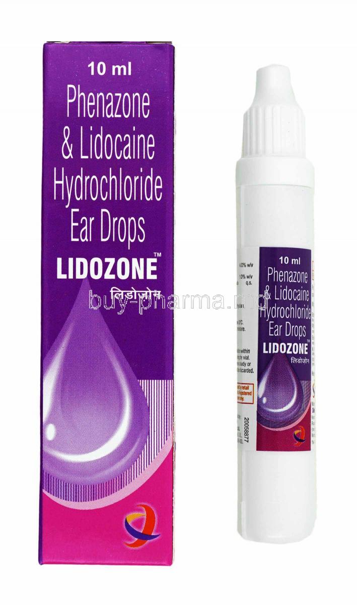 Lidozone Ear Drops, Lidocaine and Phenazone box and drops
