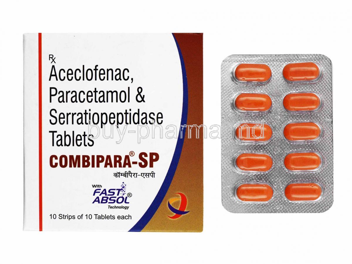 Combipara-SP, Aceclofenac and Paracetamol box and  tablets