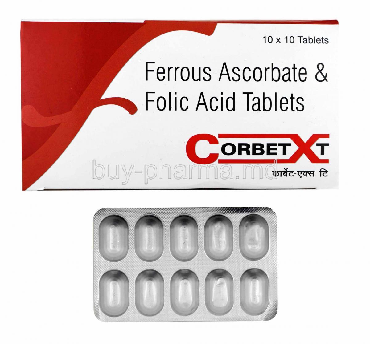 Corbet XT, Elemental Iron and Folic Acid box and tablets