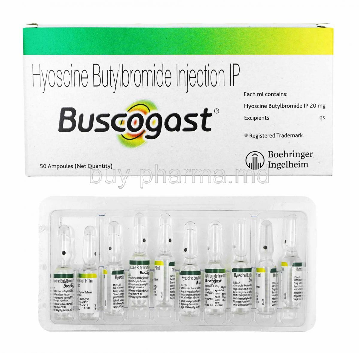 Buscogast Injection, Hyoscine butylbromide box and ampoules
