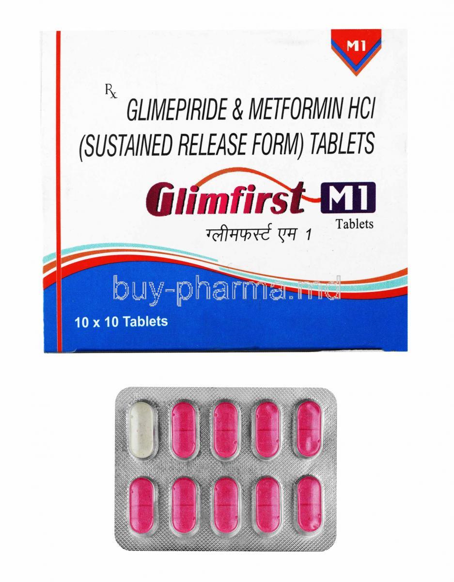 Glimfirst M, Glimepiride 1mg and Metformin box and tablets