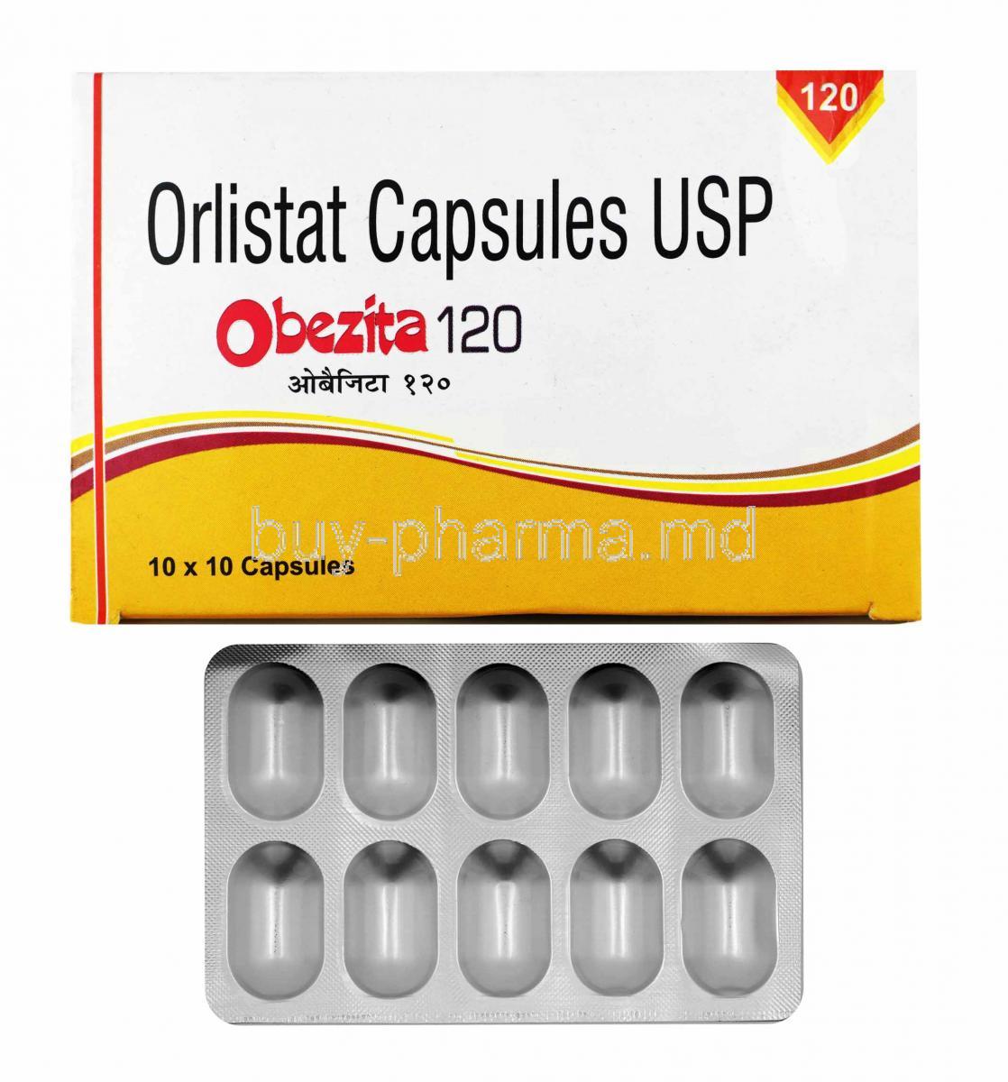 Obezita, Orlistat 120mg box and capsules