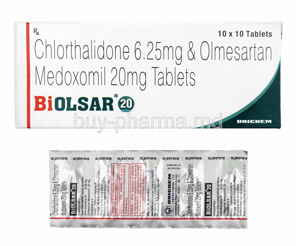 Biolsar, Olmesartan and Chlorthalidone box and tablets