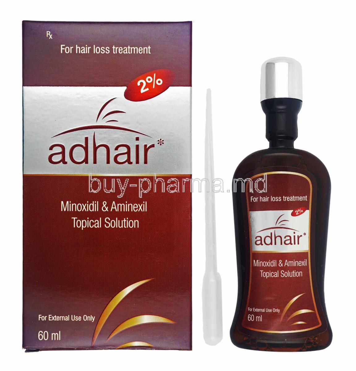 Adhair Solution, Minoxidil 2% and Aminexil box and bottle