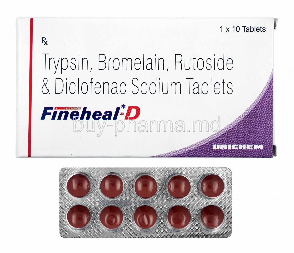 Fineheal-D, Trypsin, Bromelain, Rutoside and Diclofenac box and tablets