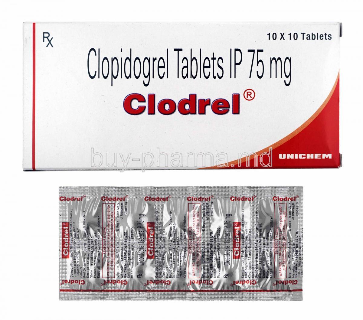 Clodrel, Clopidogrel 75mg box and tablets