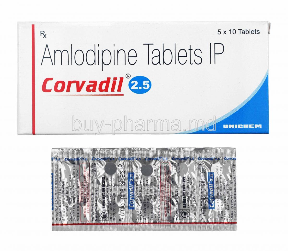 Corvadil, Amlodipine 2.5mg box and tablets
