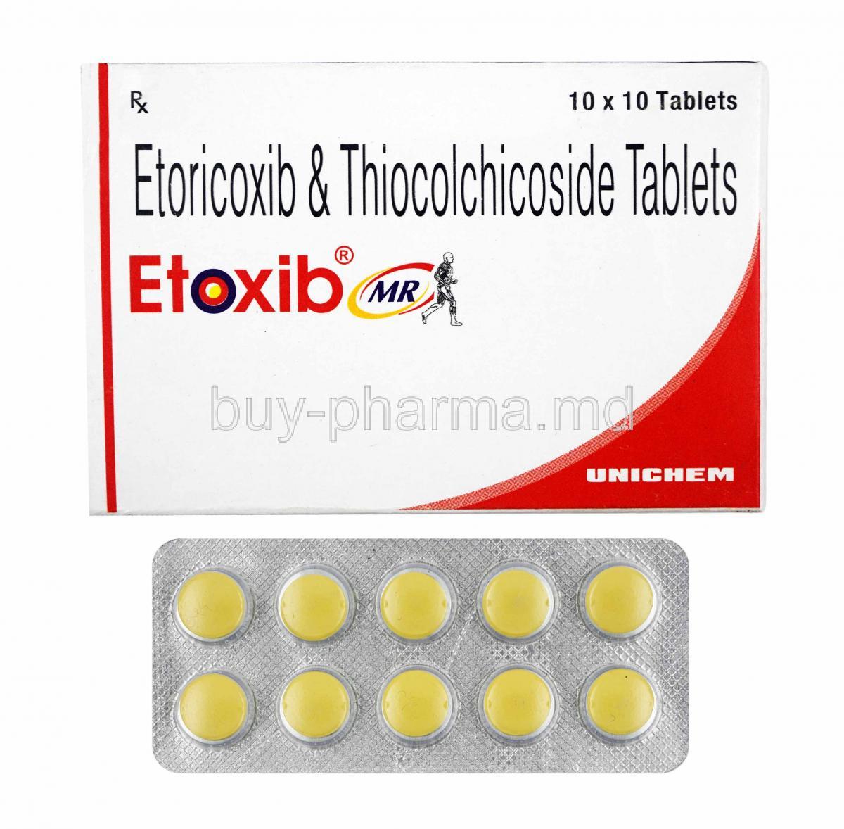 Etoxib MR, Etoricoxib and Thiocolchicoside box and tablets