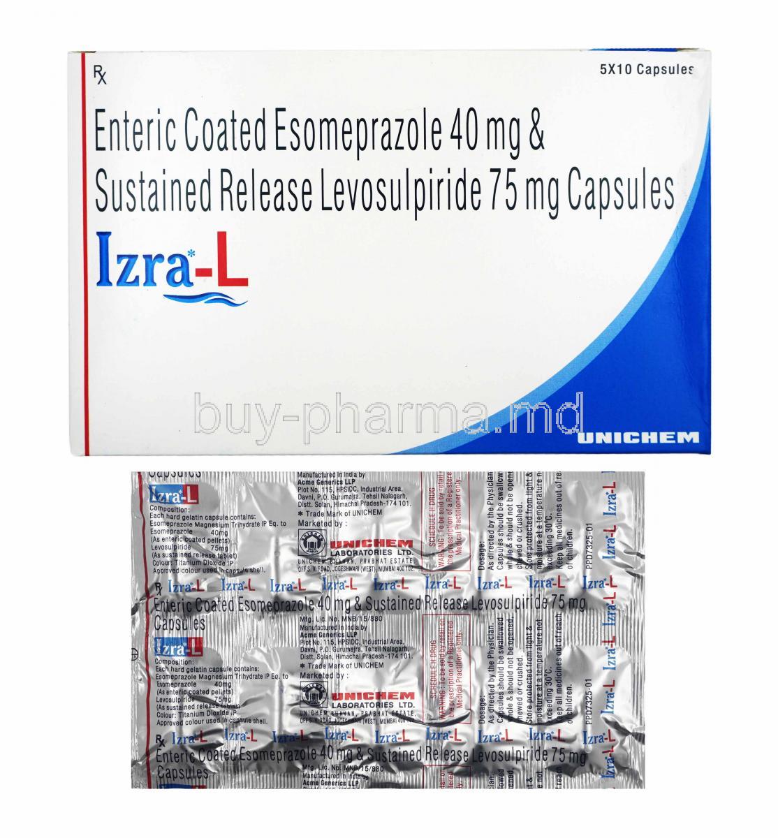 Izra-L, Levosulpiride and Esomeprazole box and tablets