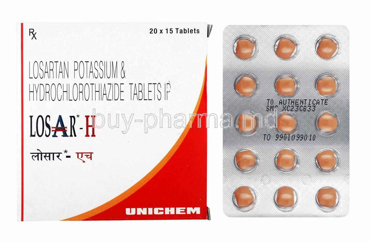 Losar-H, Losartan and Hydrochlorothiazide box and tablets