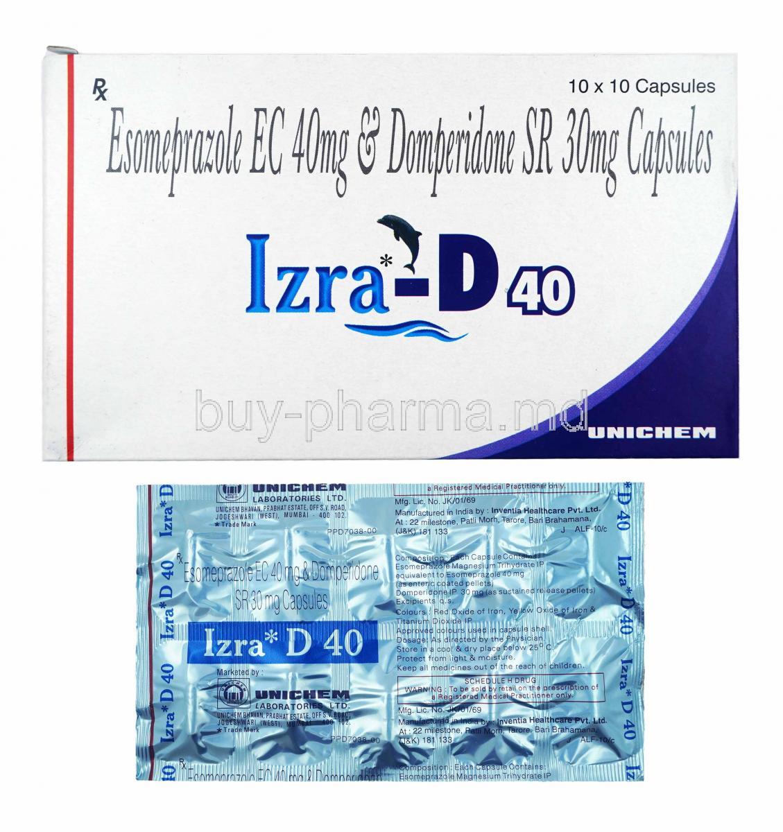 Izra-D, Domperidone and Esomeprazole 40mg box and capsules