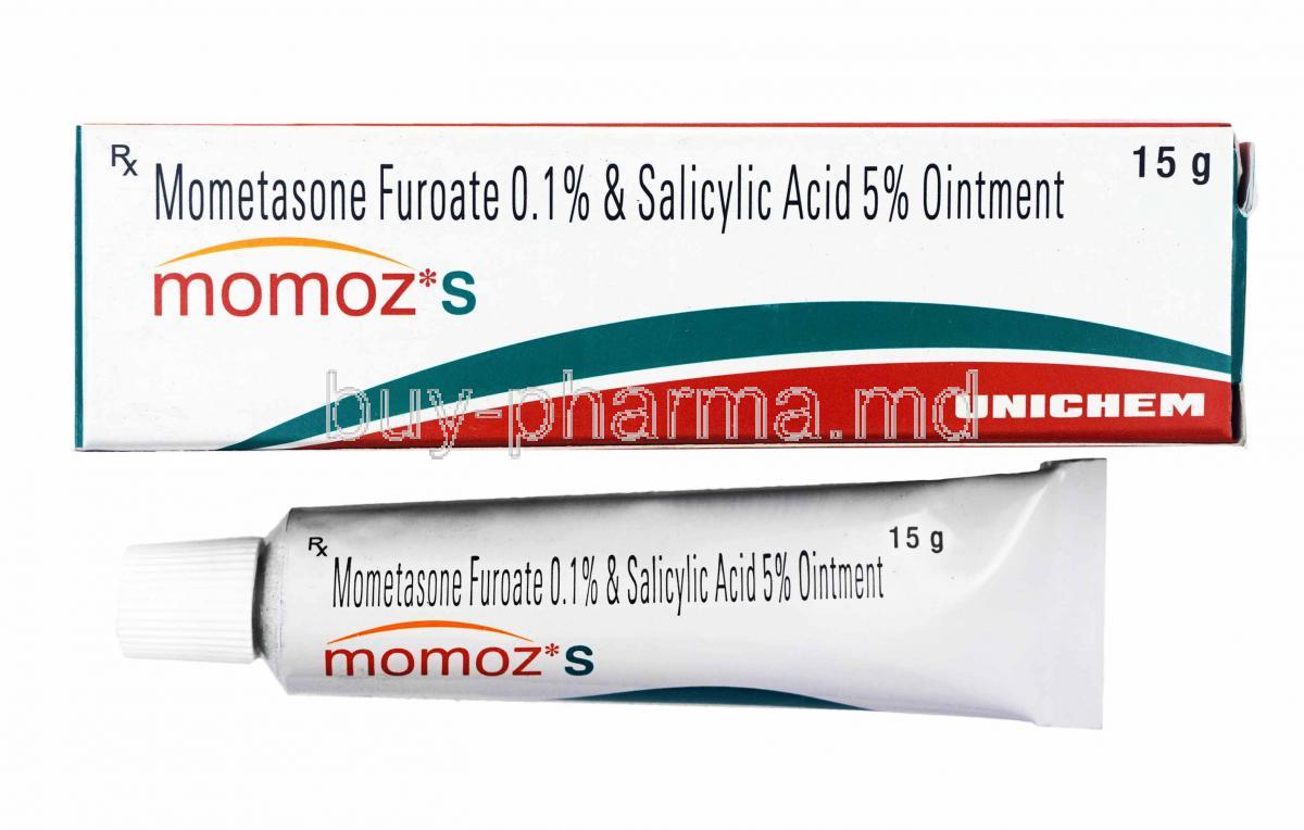 Momoz S Ointment, Mometasone and Salicylic Acid box and tube