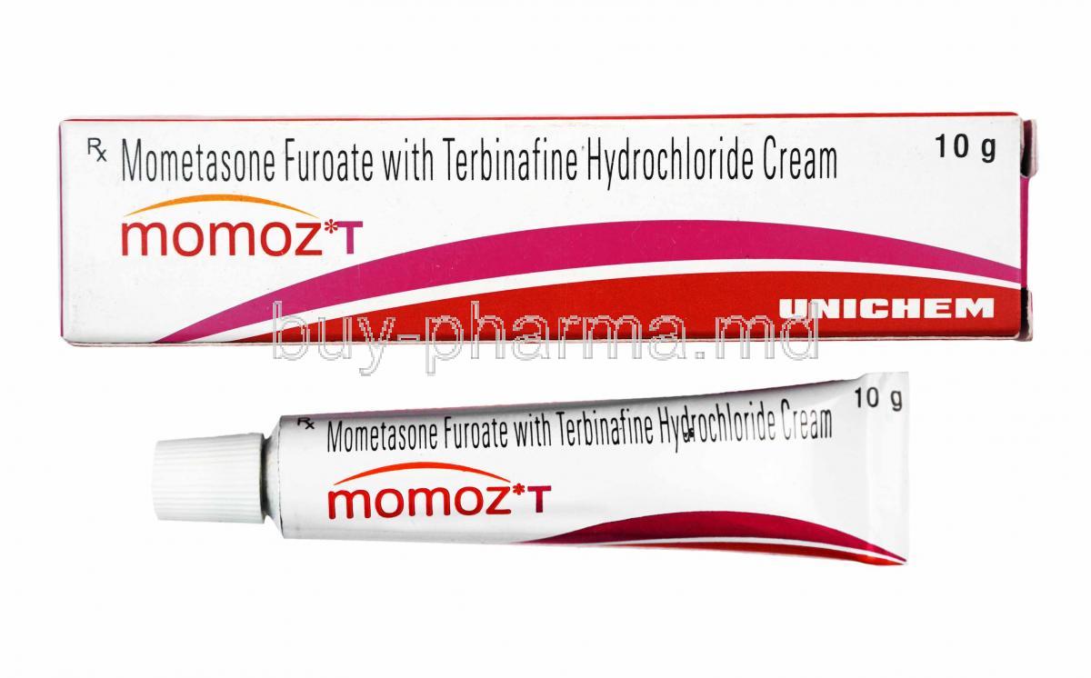 Momoz T Cream, Mometasone and Terbinafine box and tablets