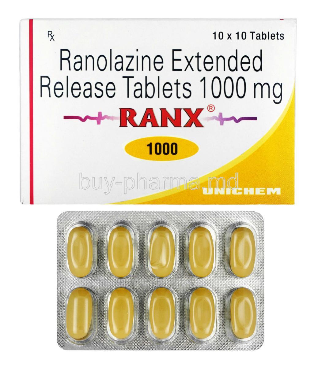 Ranx, Ranolazine 1000mg box and tablets