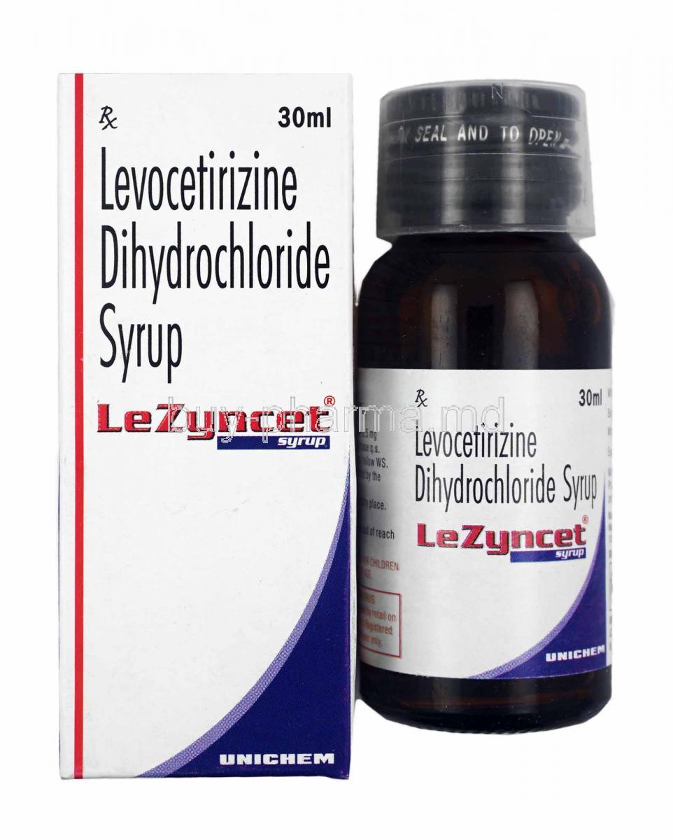 Lezyncet Syrup, Levocetirizine box and bottle