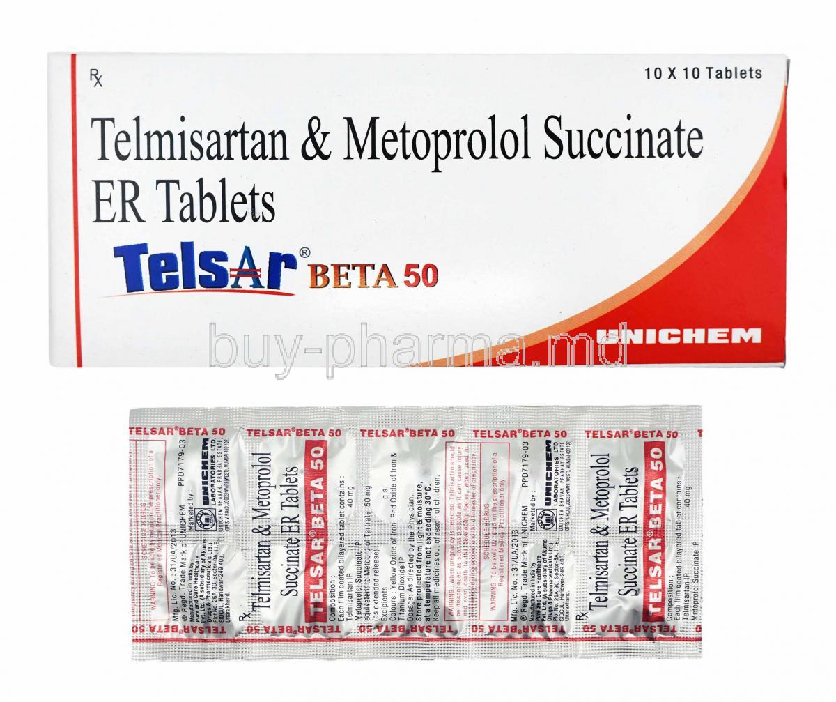 Telsar Beta, Telmisartan and Metoprolol Succinate 50mg box and tablets