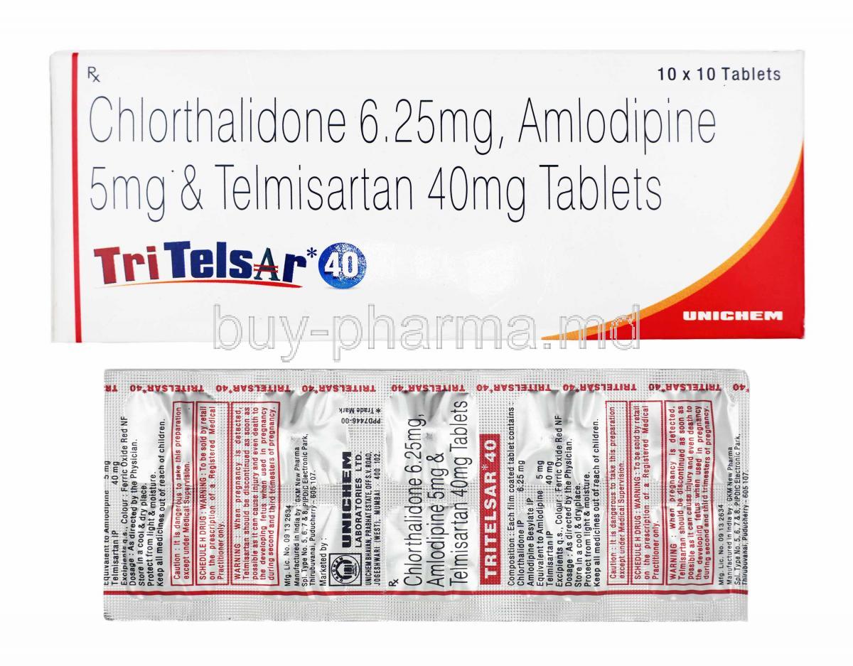 Tritelsar, Telmisartan 40mg, Amlodipine and Chlorthalidone box and tablets