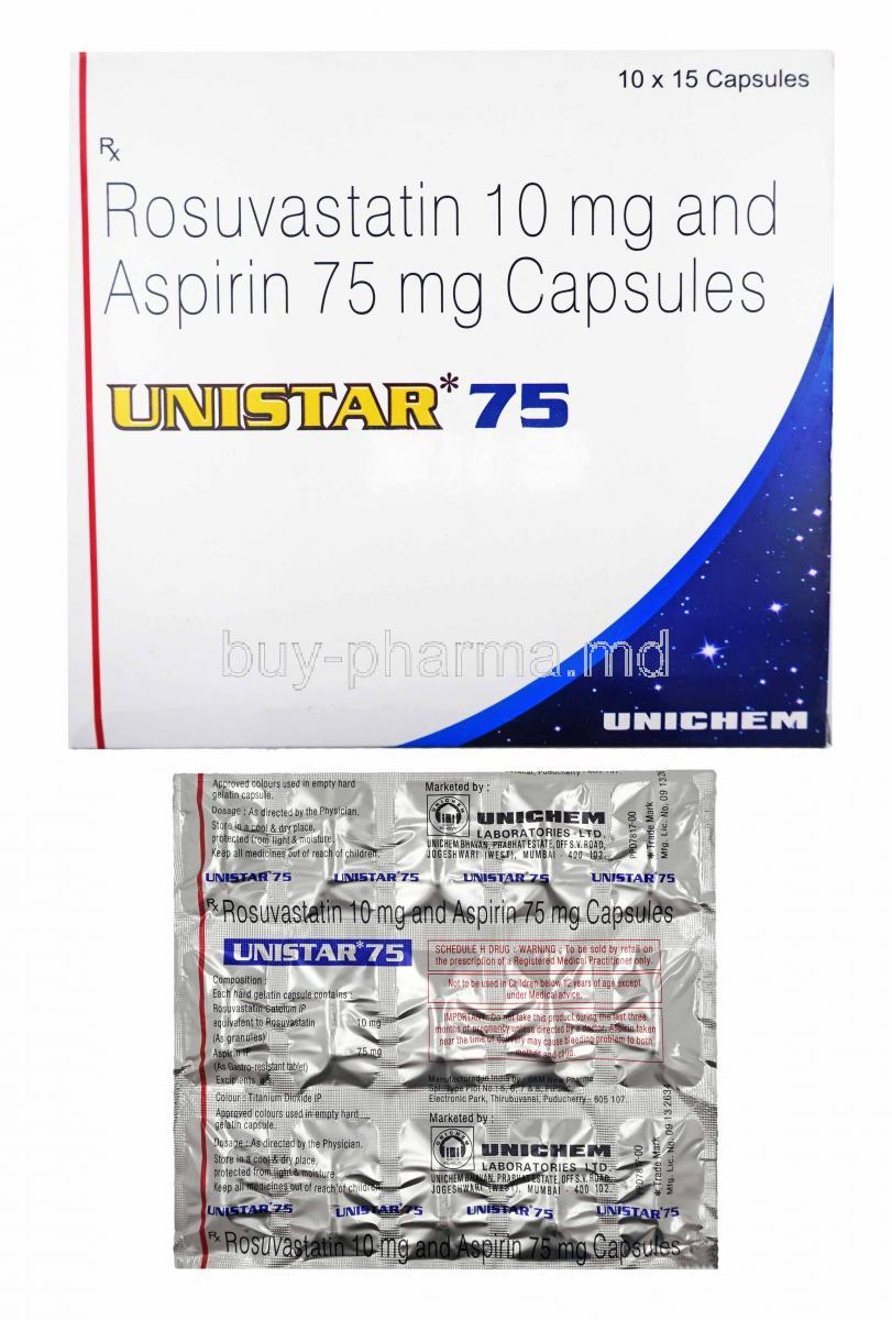 Unistar, Rosuvastatin 10mg and Aspirin 75mg box and capsules