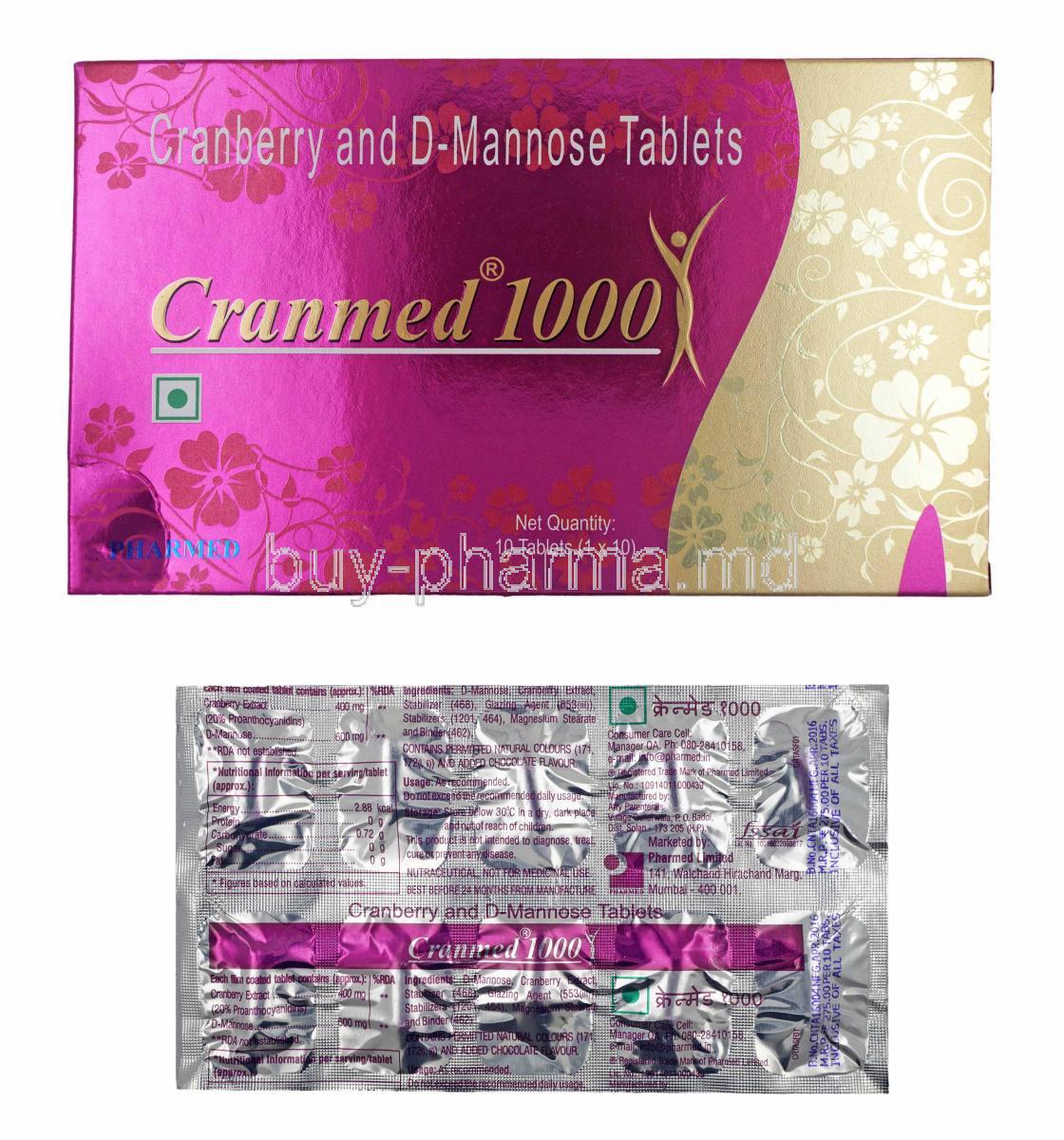 Cranmed, Cranberry Extract and D-Mannose box and tablets