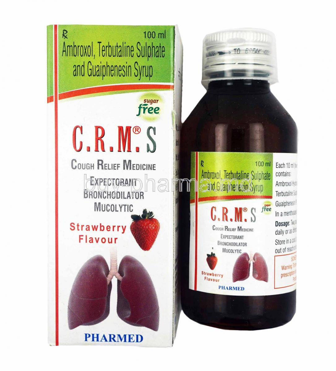 C.R.M.S Syrup Strawberry Flavour, Ambroxol, Guaifenesin and Terbutaline box and bottle
