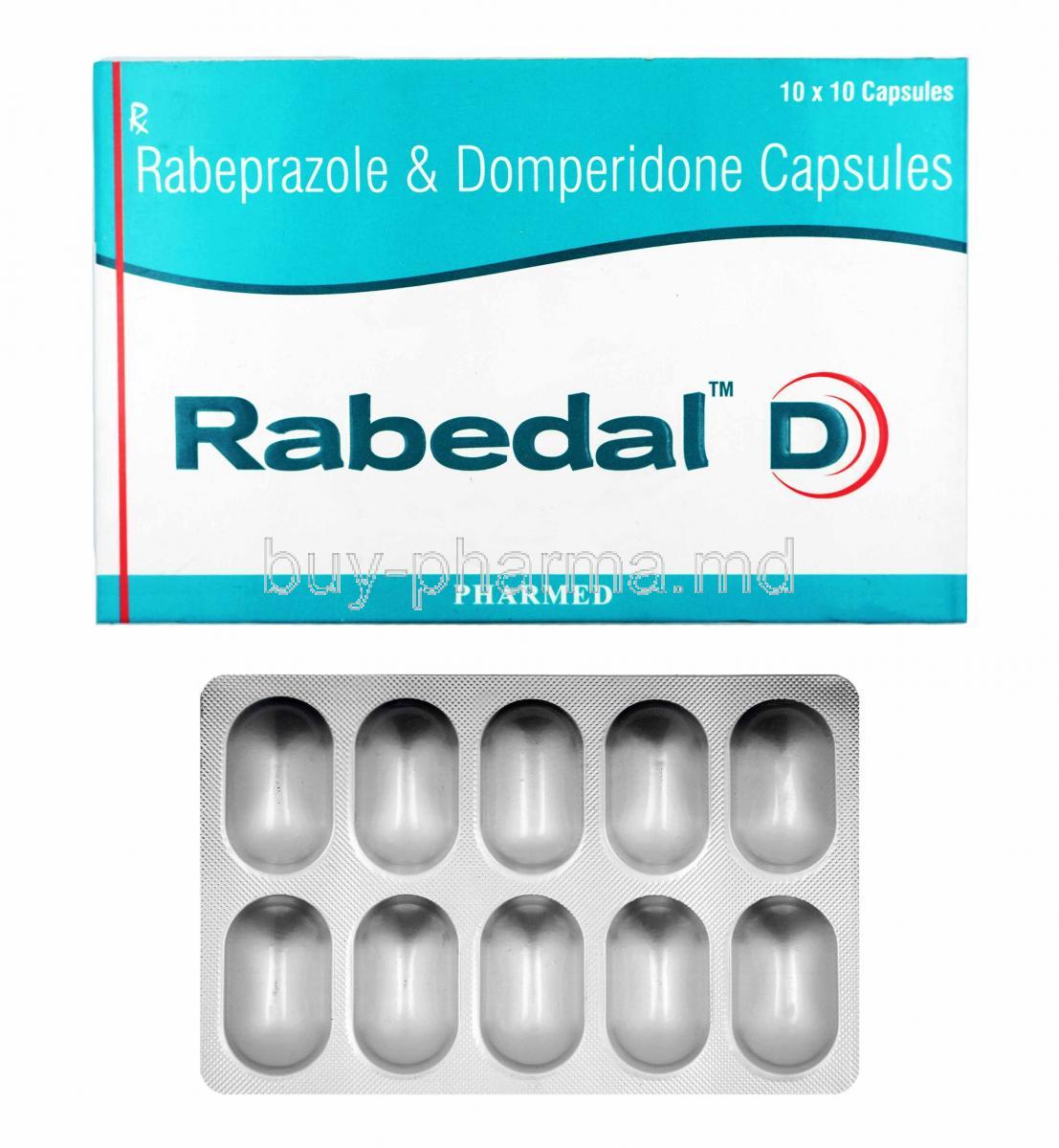 Rabedal D, Domperidone and Rabeprazole box and capsules