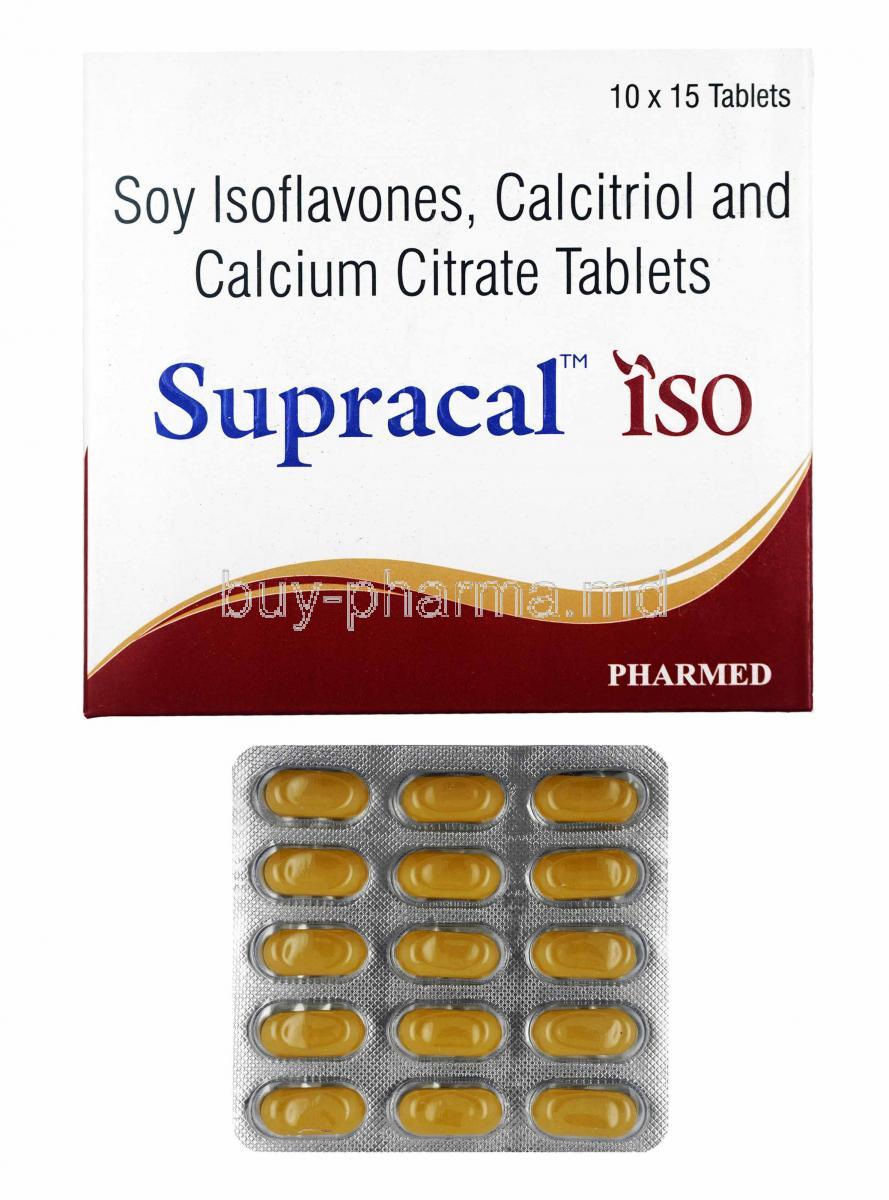 Supracal ISO, Calcium Citrate, Calcitriol and Soy Isoflavone box and tablets