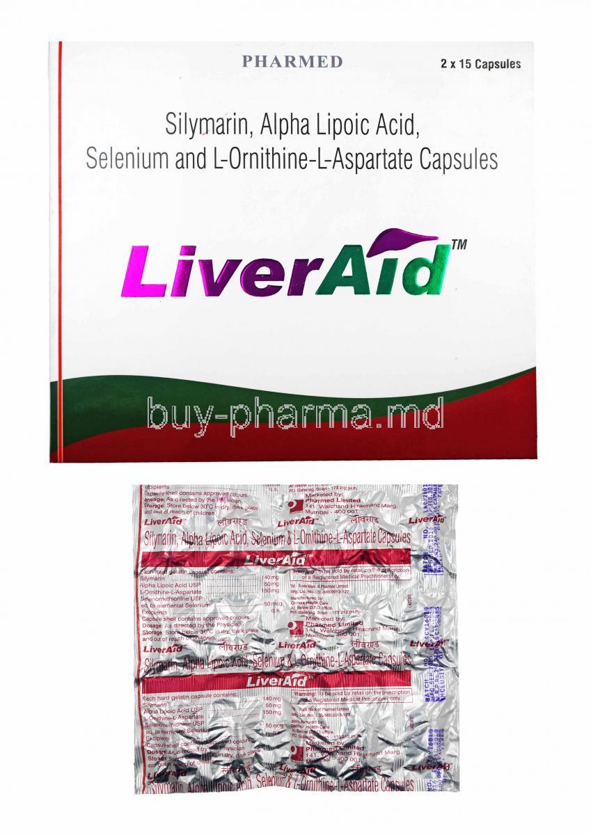 Liveraid, Silymarin, Alpha lipoic acid, Selenium and L-ornithine-L-aspartate box and capsules