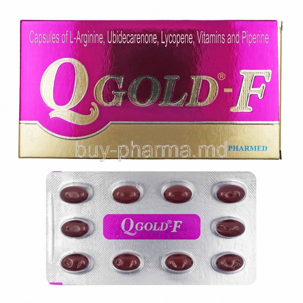 Qgold-F, box and capsules