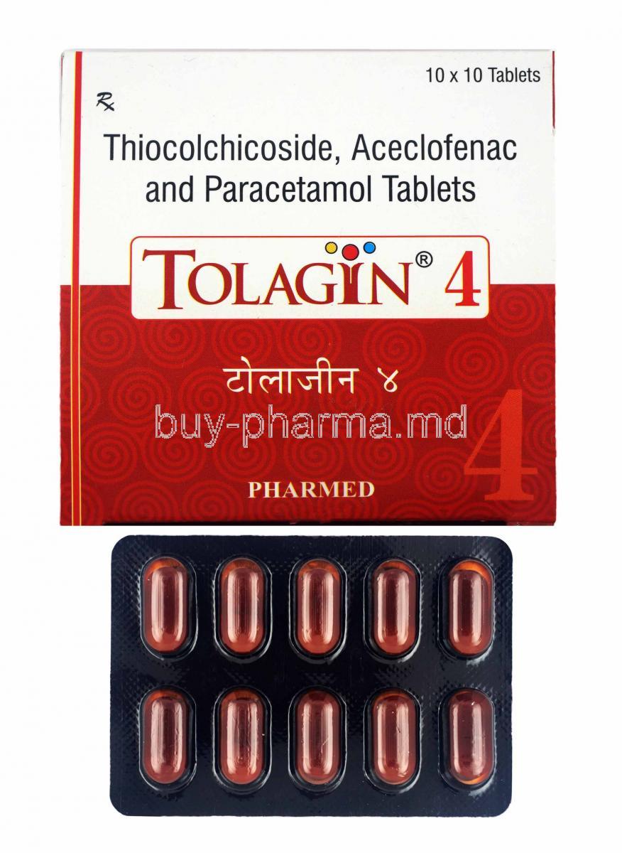 Tolagin, Thiocolchicoside, Aceclofenac and Paracetamol box and tablets