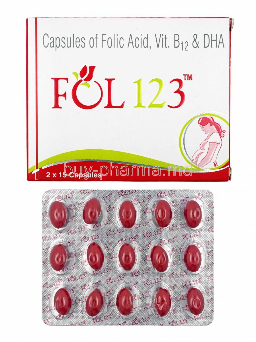 Fol 123, Folic Acid, Vitamin B12 and DHA box and capsules