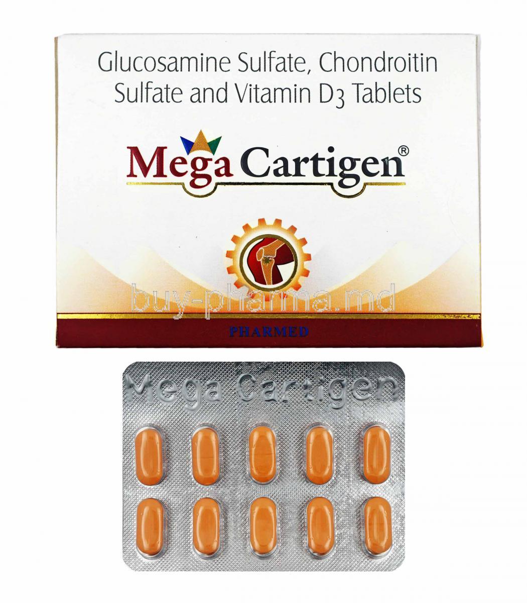 Mega Cartigen, Potassium Chloride, Chondroitin Sulfate Sodium and Vitamin D3 box and tablets