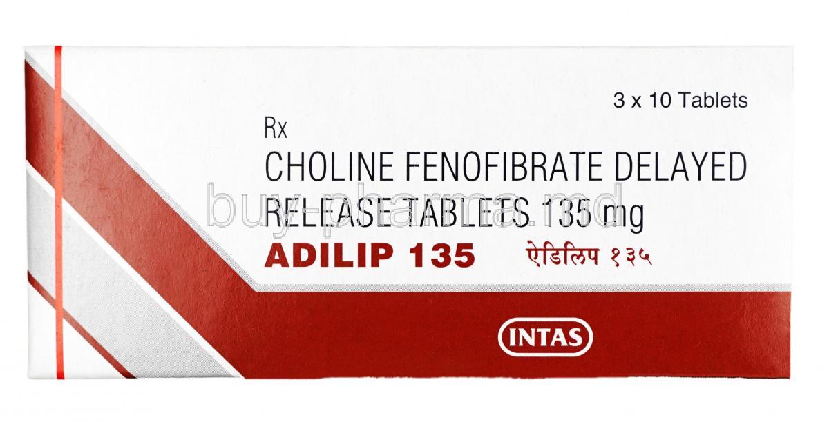 Adilip,Choline fenofibrate,135mg,Delayed Release Tablet, box