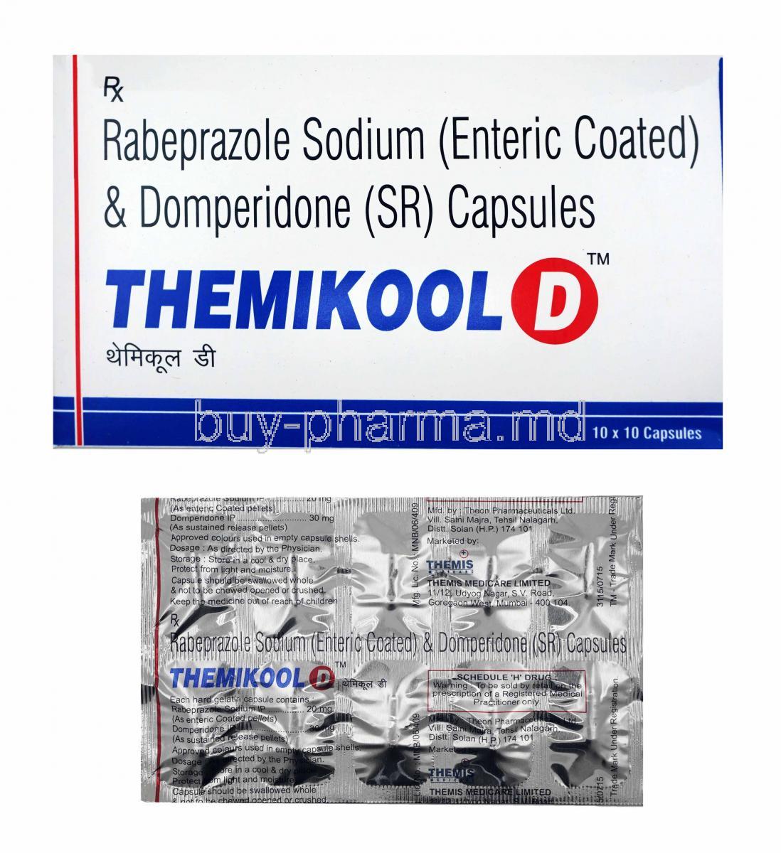 Themikool D, Domperidone and Rabeprazole box and capsule