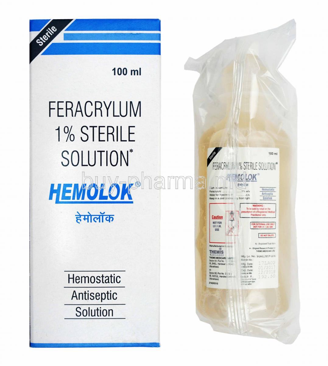 Hemolok Sterile Solution, Feracrylum box and bottle