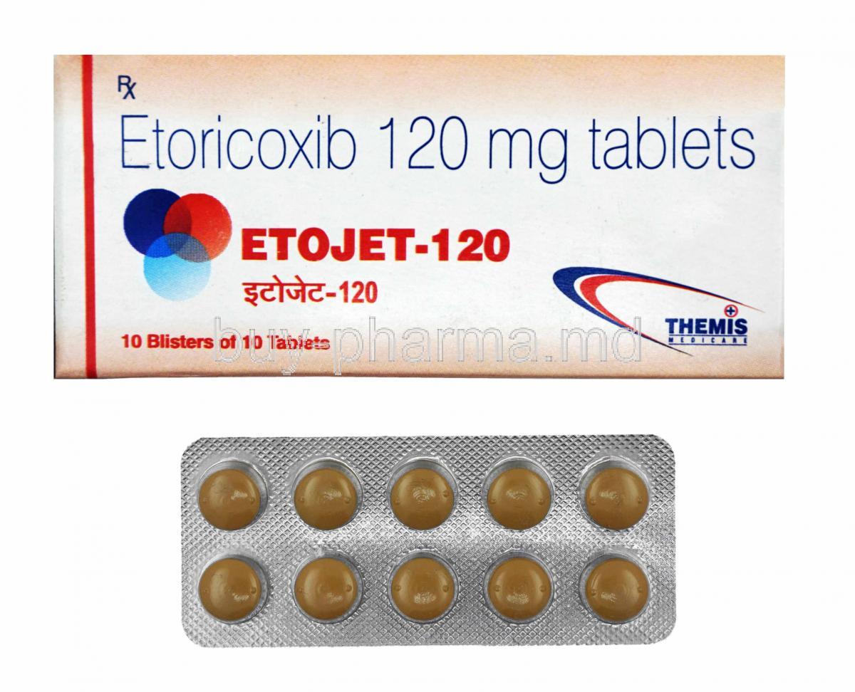 Etojet, Etoricoxib 120mg box and tablets