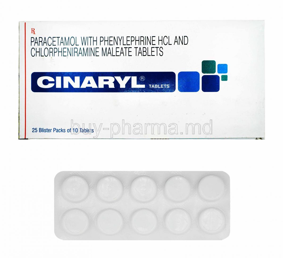 Cinaryl, Chlorpheniramine Maleate, Paracetamol and Phenylephrine box and tablets